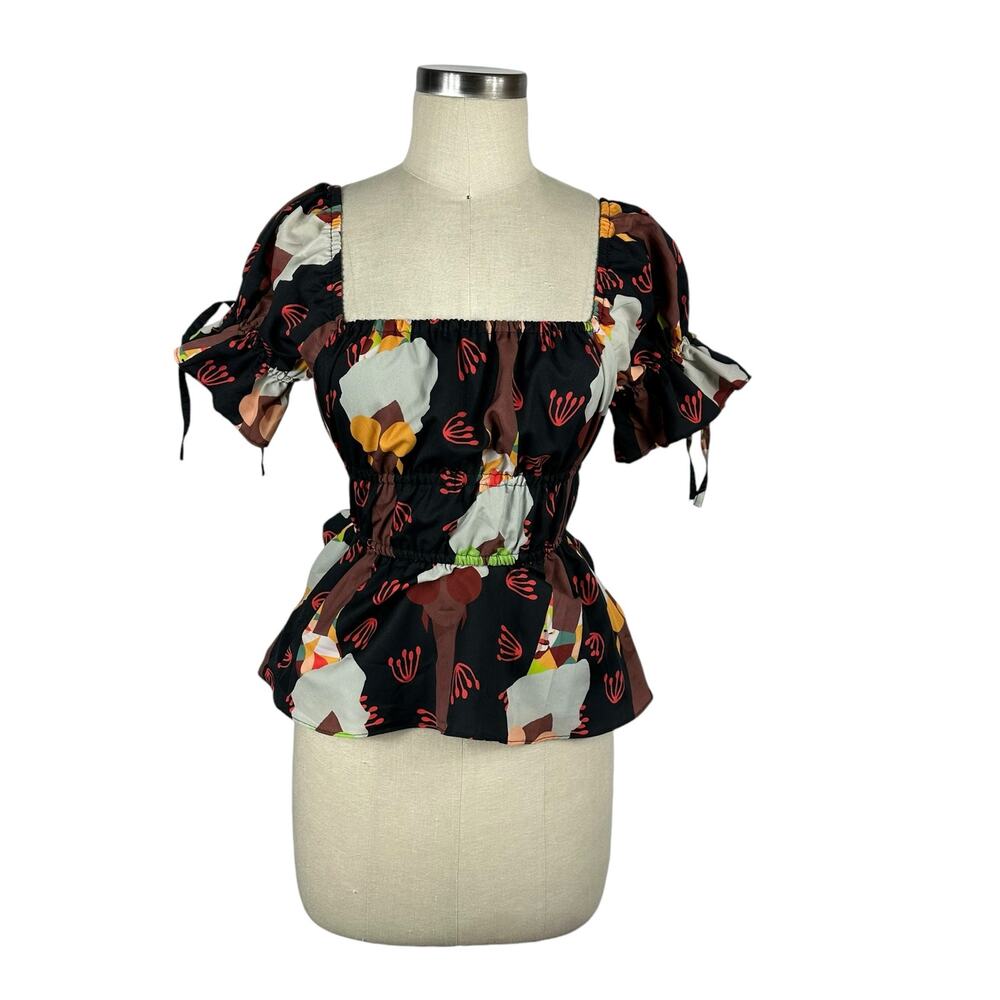 HUTCH Let's Go Boho Peplum Blouse Top Women's Size XS‎ Faces Patterned Black
